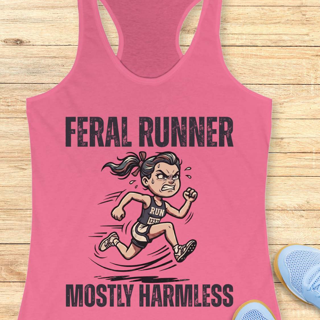 Pink tank top with 'Feral Runner Mostly Harmless' graphic on a wooden surface