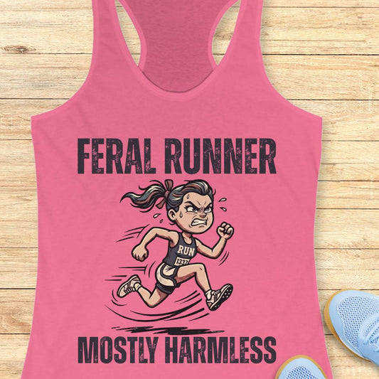Pink tank top with 'Feral Runner Mostly Harmless' graphic on a wooden surface