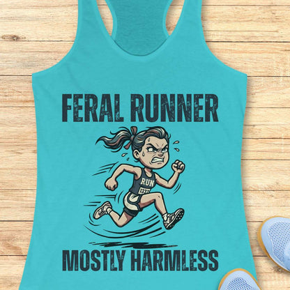 Turquoise tank top with 'Feral Runner Mostly Harmless' graphic on a wooden surface