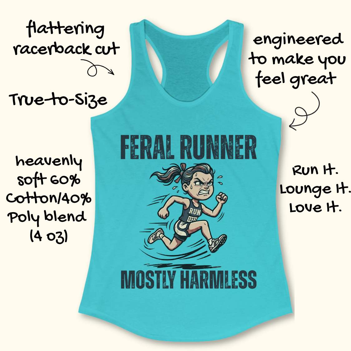 Blue tank top with 'Feral Runner Mostly Harmless' graphic and text on a white background