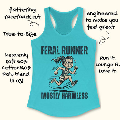 Blue tank top with 'Feral Runner Mostly Harmless' graphic and text on a white background