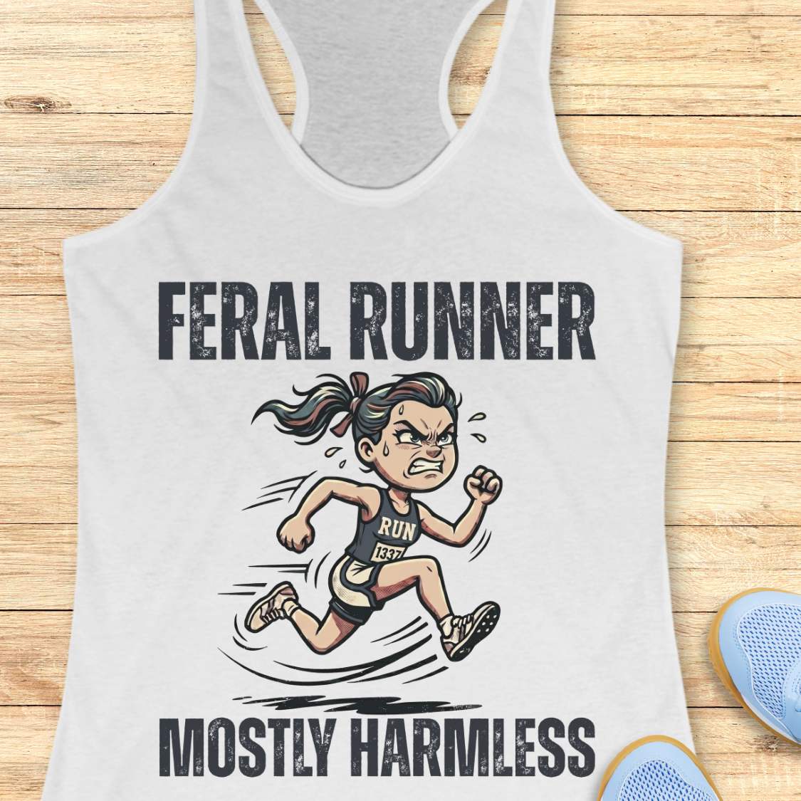 white tank top with 'Feral Runner Mostly Harmless' graphic on a wooden surface