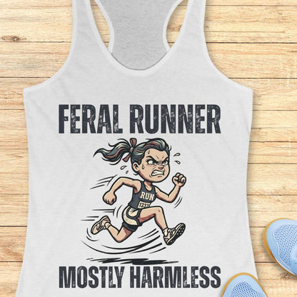 white tank top with 'Feral Runner Mostly Harmless' graphic on a wooden surface