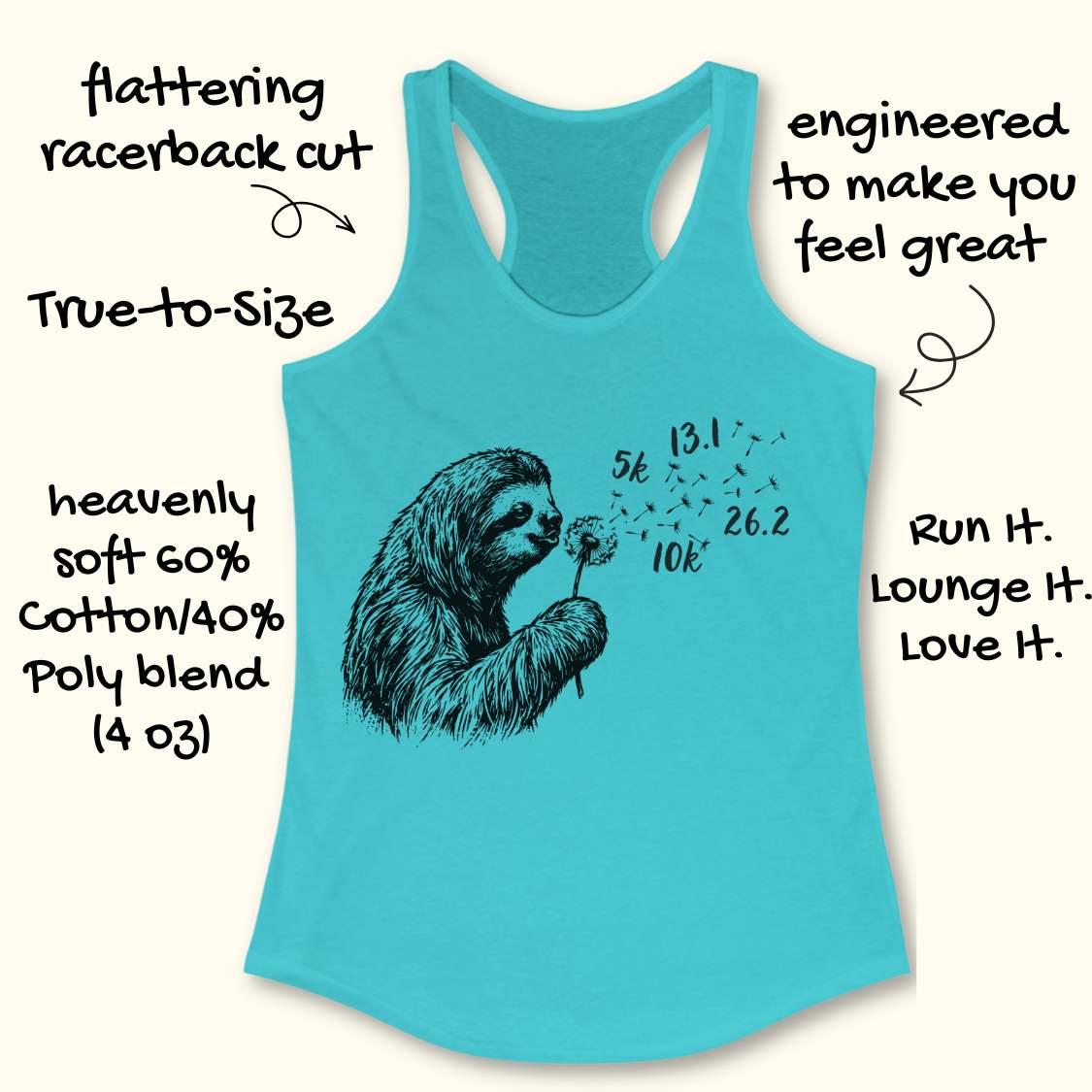 Blue tank top with a sloth graphic and text about fabric composition and design on a white background