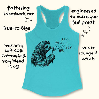 Blue tank top with a sloth graphic and text about fabric composition and design on a white background