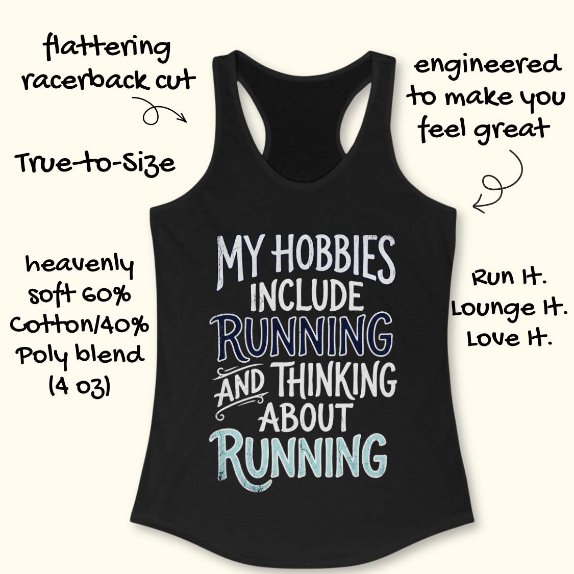 Black tank top with text 'My hobbies include running and thinking about running' on a white background.