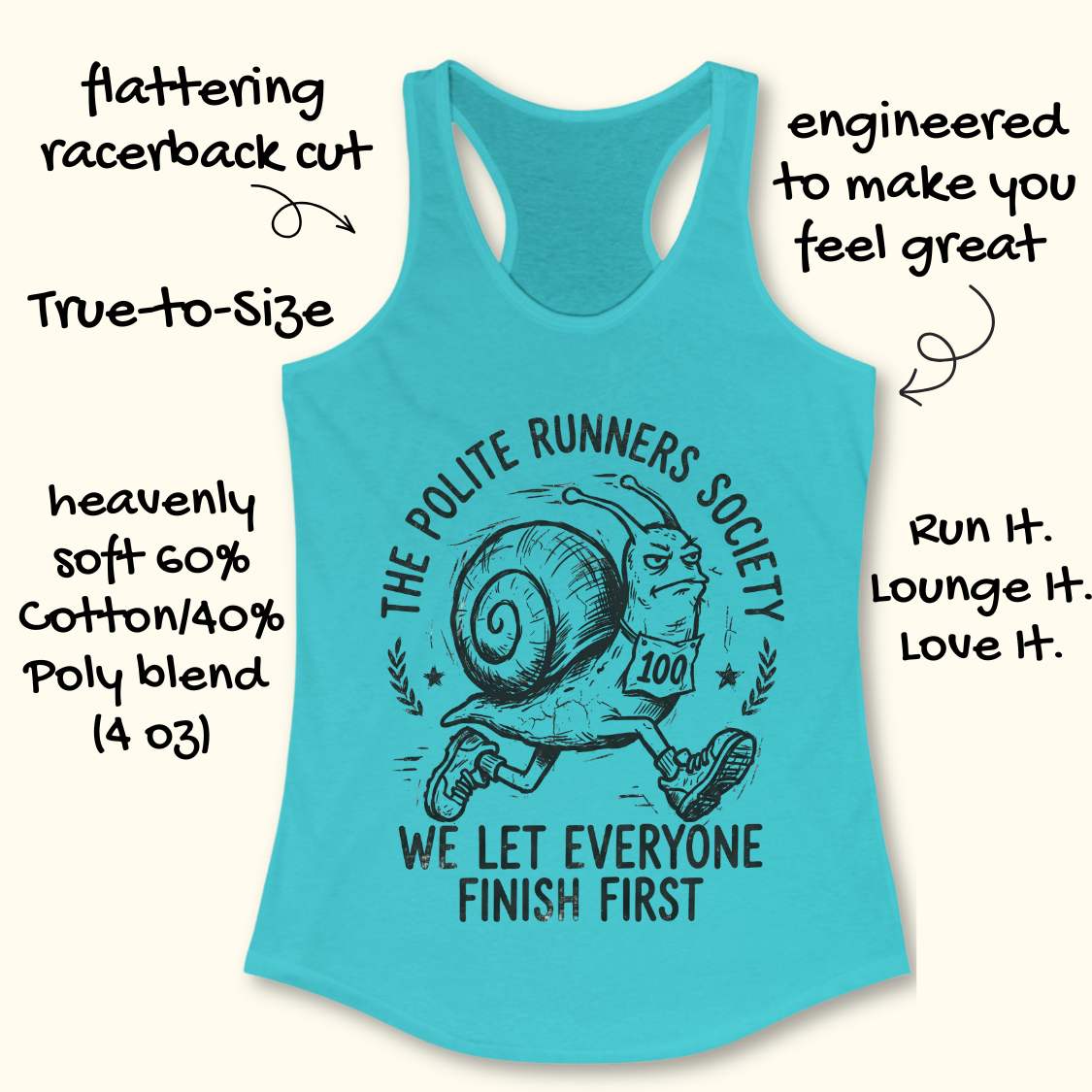 Blue tank top with a snail graphic and text 'The Polite Runners Society' on a white background