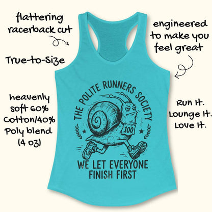 Blue tank top with a snail graphic and text 'The Polite Runners Society' on a white background