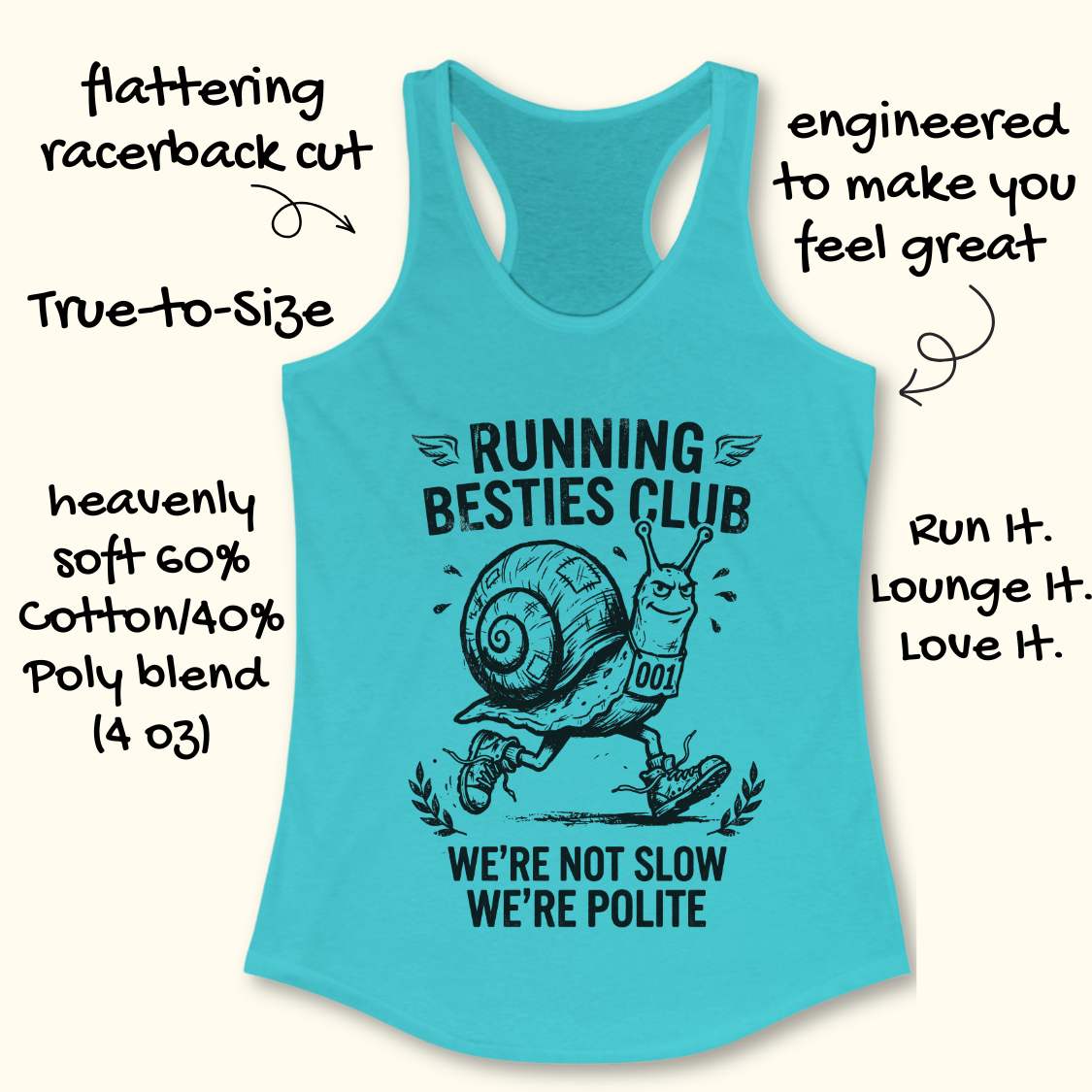 Blue tank top with a snail graphic and text  'Running Besties Club'  on a white background