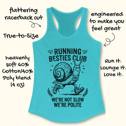 Blue tank top with a snail graphic and text  'Running Besties Club'  on a white background