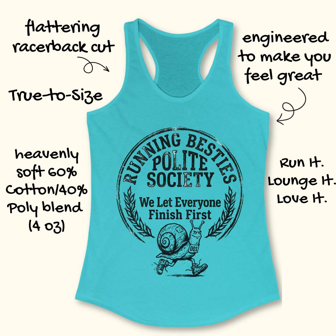 Turquoise tank top with 'Running Besties Polite Society' graphic and text on a white background