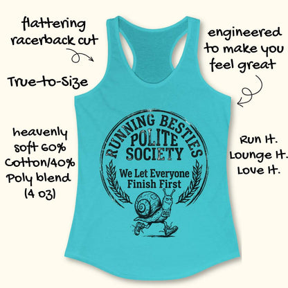 Turquoise tank top with 'Running Besties Polite Society' graphic and text on a white background
