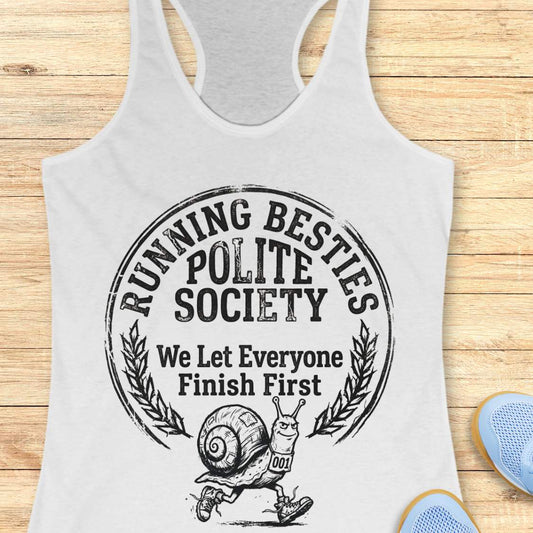 white tank top with 'Running Besties Polite Society' graphic on a wooden surface