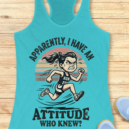 Turquoise tank top with a graphic of a running person and text on a wooden surface