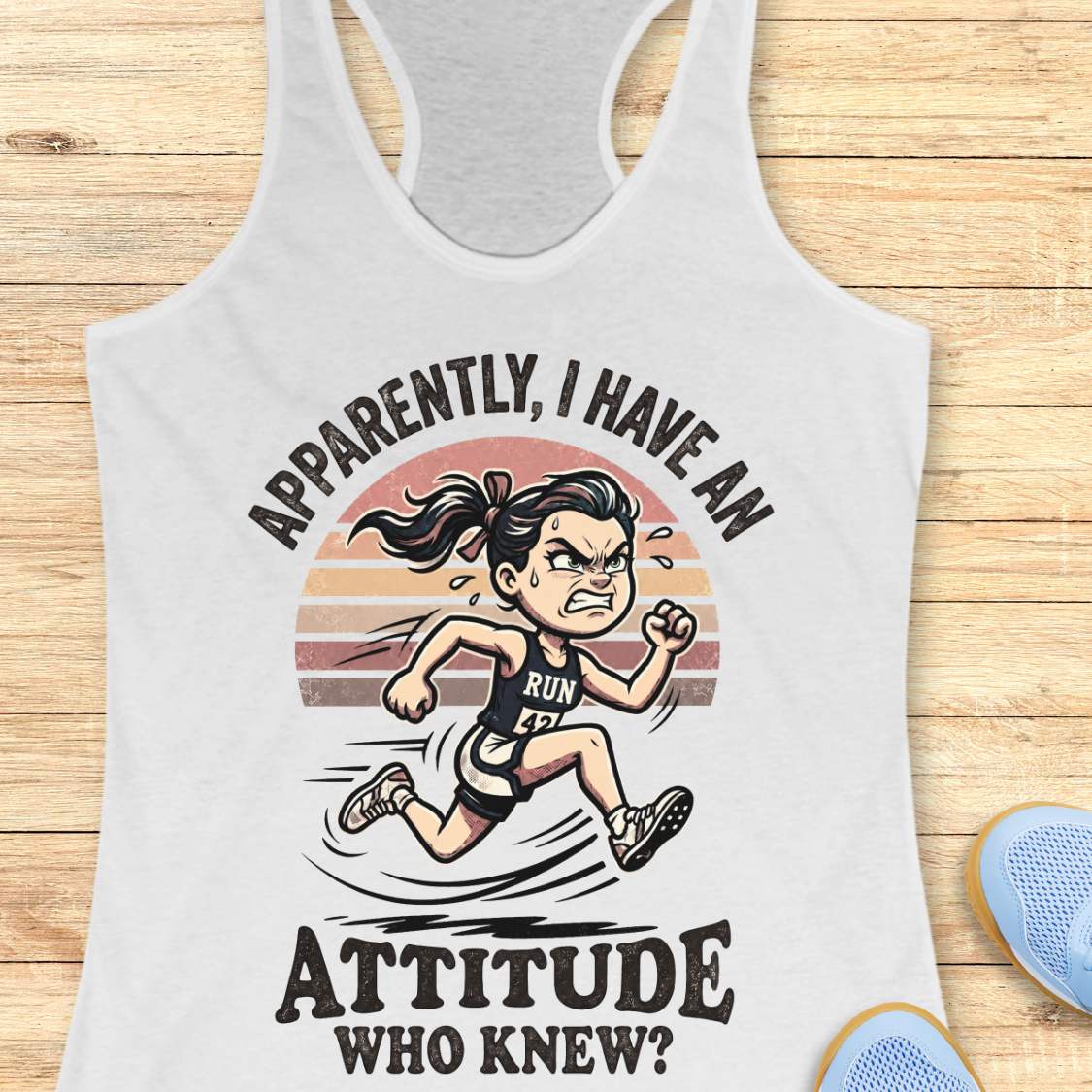 White tank top with a graphic of a running person and text on a wooden surface