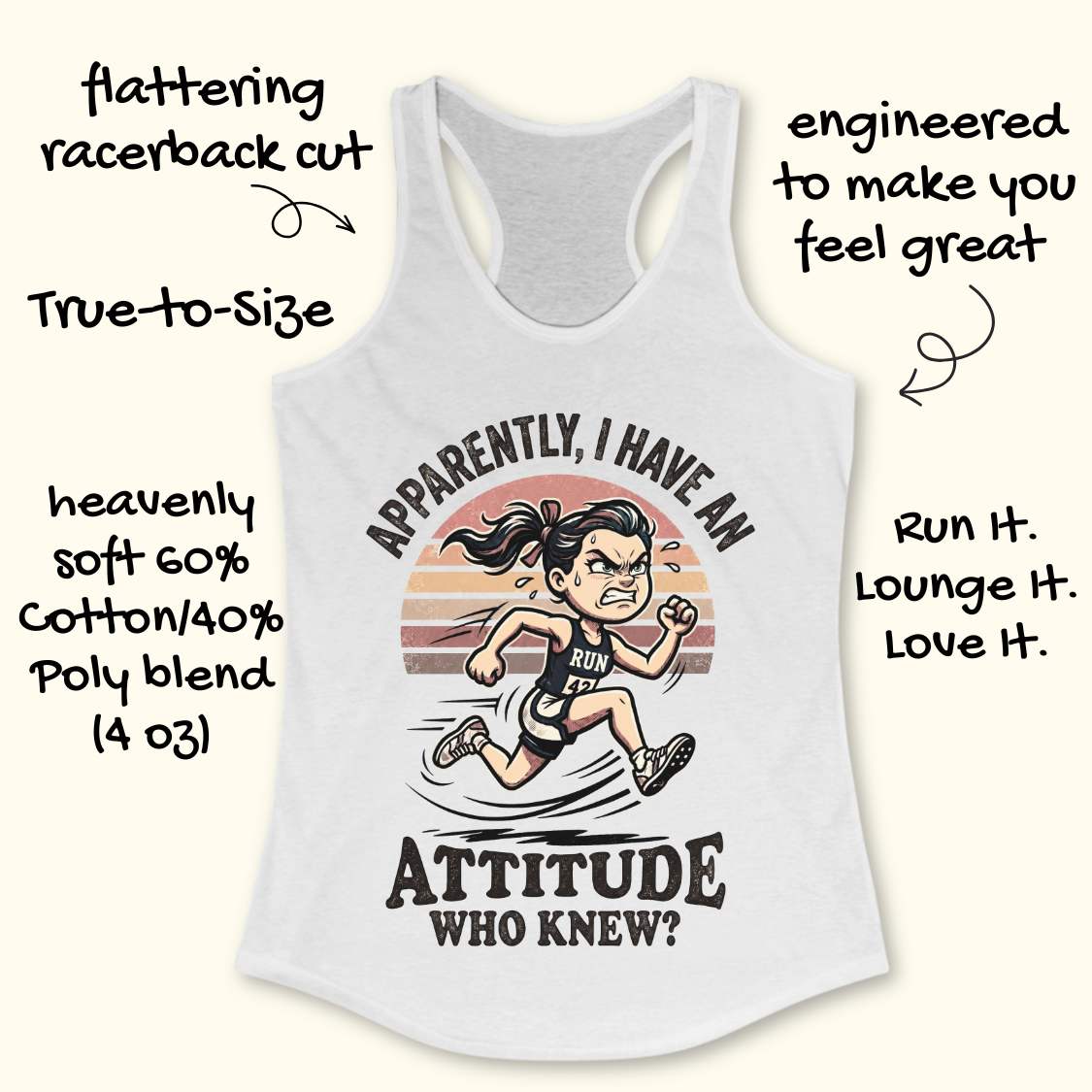 White tank top with a graphic of a runner and text on a white background