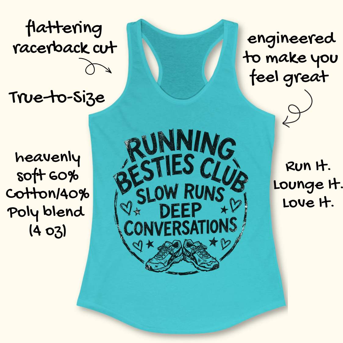 Turquoise tank top with a graphic and text Running besties club, slow runs, deep conversations, on a white surface