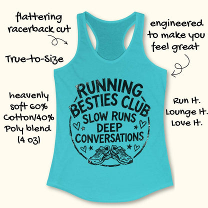 Turquoise tank top with a graphic and text Running besties club, slow runs, deep conversations, on a white surface