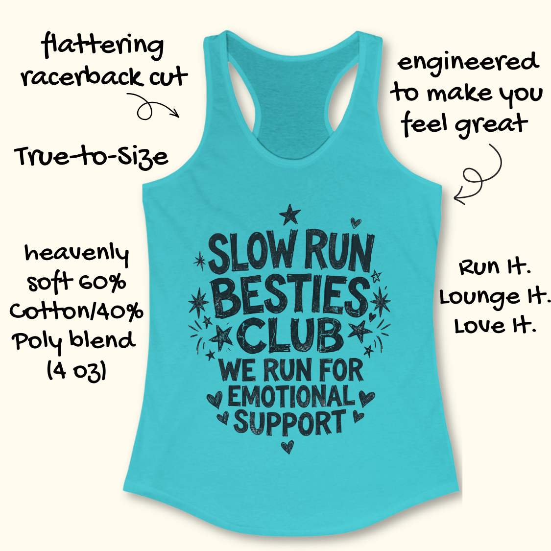 blue tank top with 'Slow Run Besties Club' text on a white surface