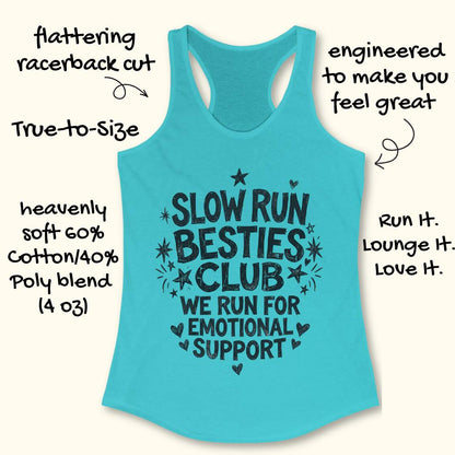 blue tank top with 'Slow Run Besties Club' text on a white surface
