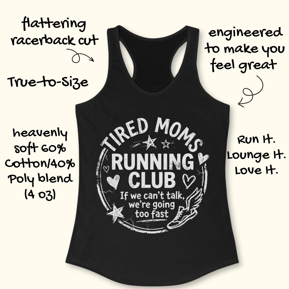 Black tank top with 'Tired Moms Running Club' text on a white background