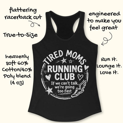 Black tank top with 'Tired Moms Running Club' text on a white background