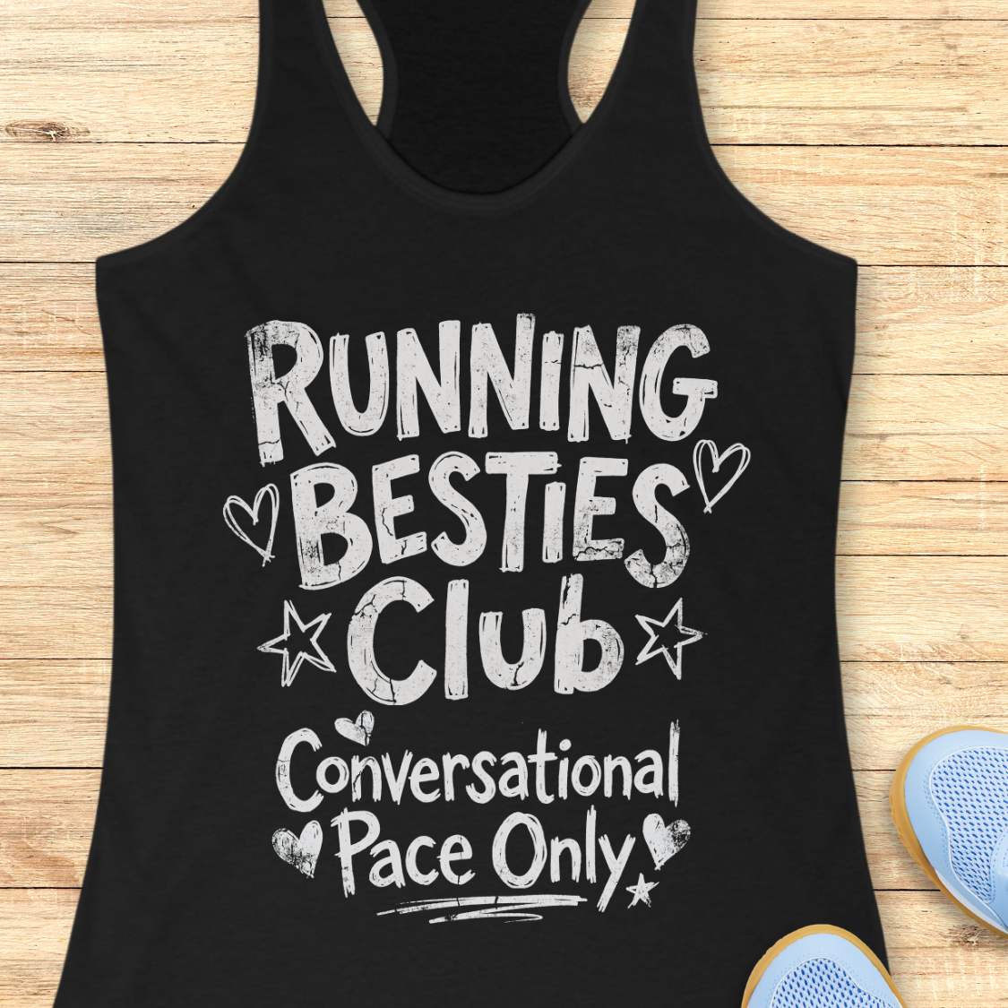 Black tank top with 'Running Besties Club Conversational Pace Only' text on a wooden surface.