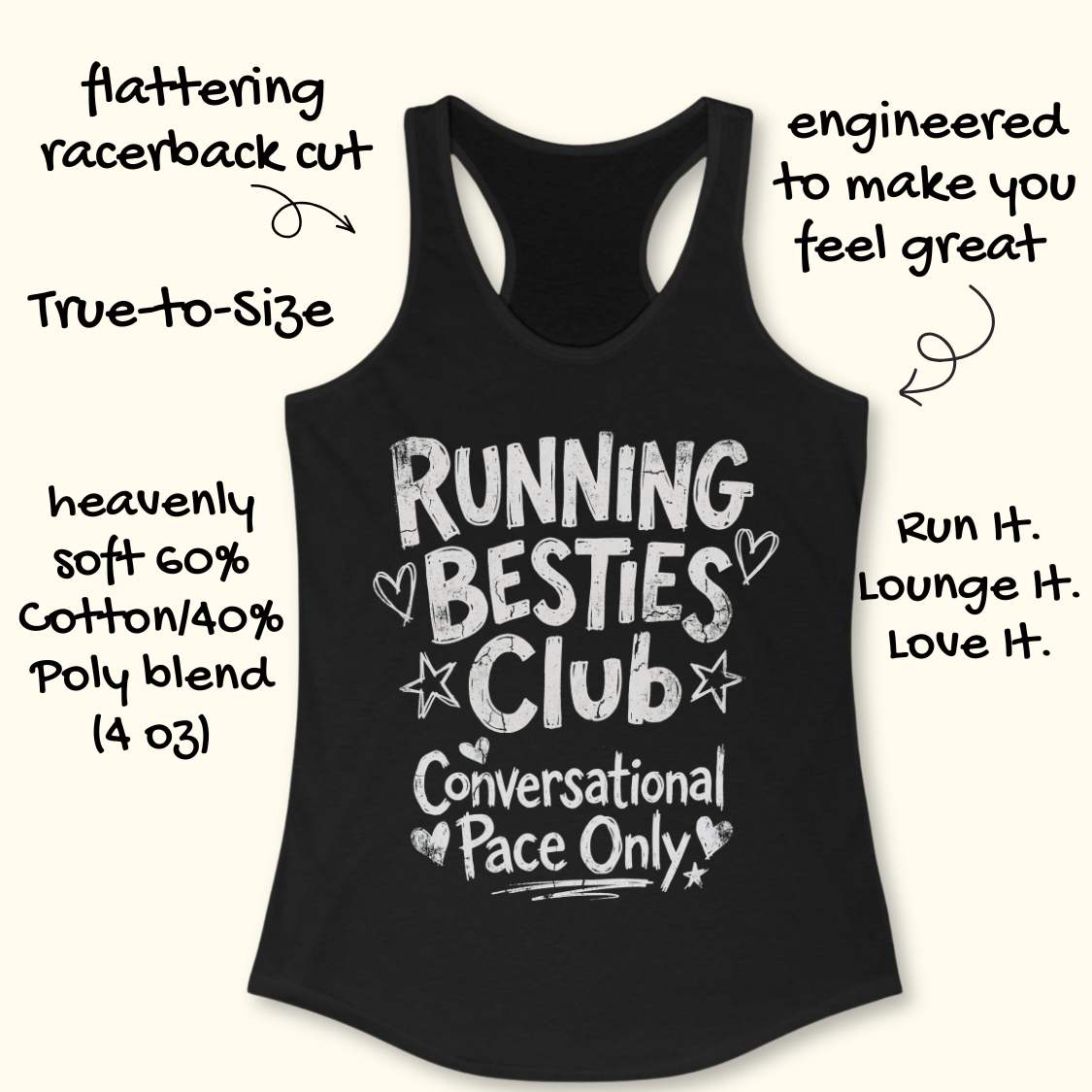 Black tank top with 'Running Besties Club Conversational Pace Only' text on a white surface.