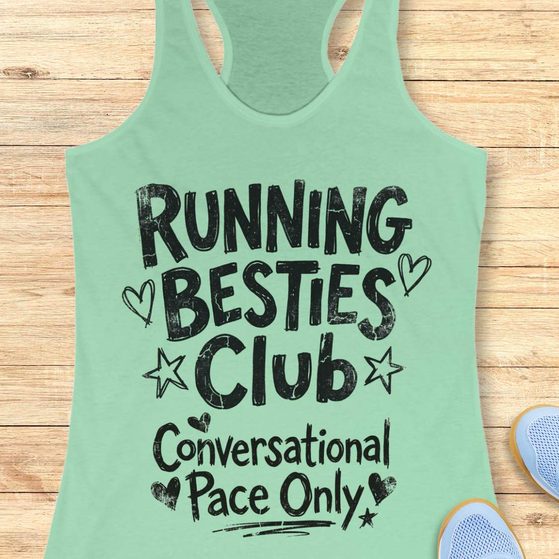 mint green tank top with 'Running Besties Club Conversational Pace Only' text on a wooden surface.