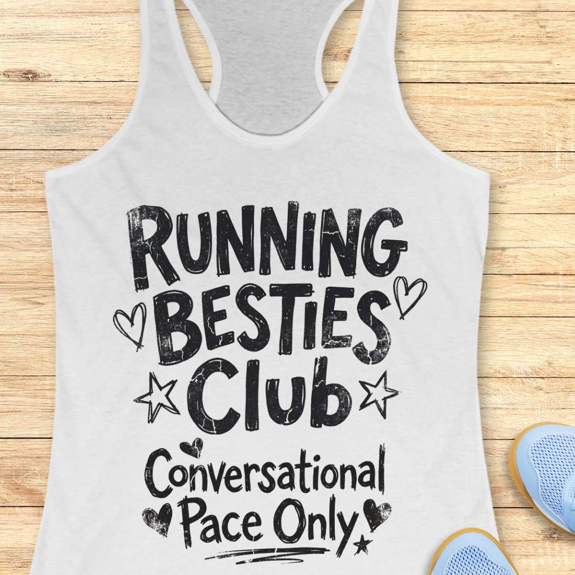 white tank top with 'Running Besties Club Conversational Pace Only' text on a wooden surface.