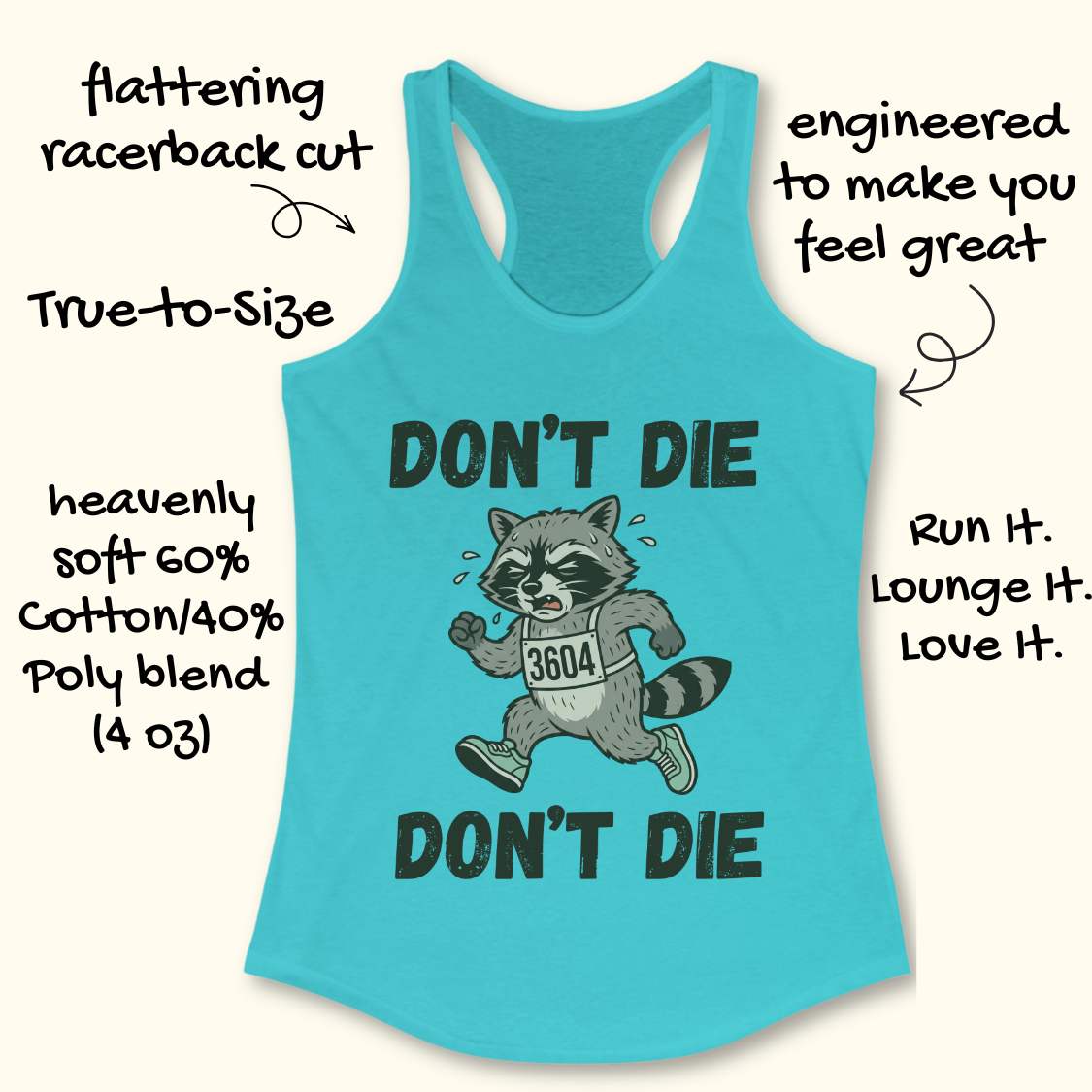 Turquoise tank top with raccoon graphic and text on a white background