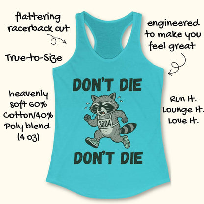 Turquoise tank top with raccoon graphic and text on a white background