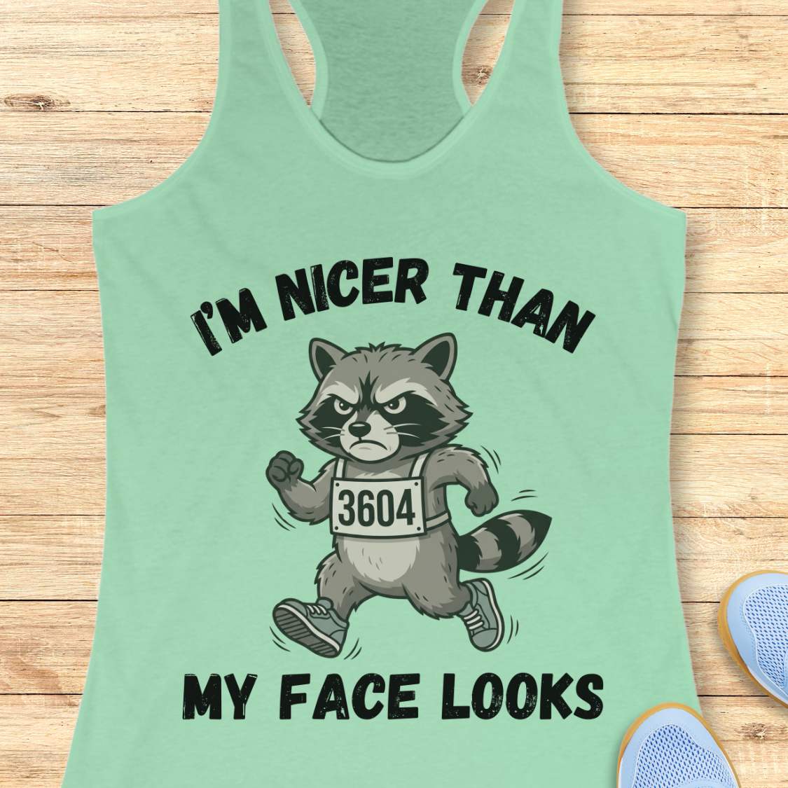 Light green tank top with a raccoon graphic and text I'm nicer than my face looks, on a wooden surface