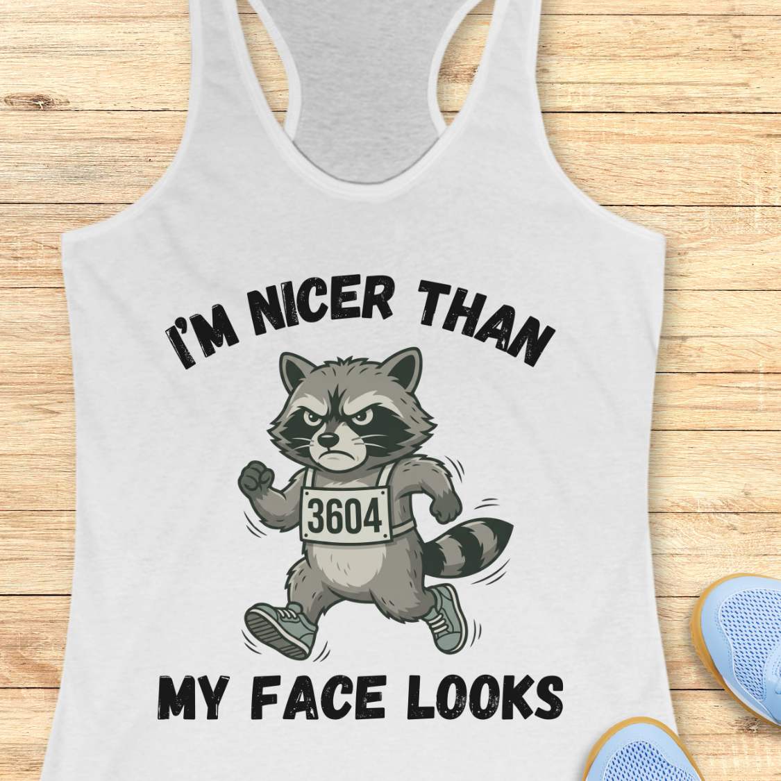 white tank top with a raccoon graphic and text I'm nicer than my face looks, on a wooden surface