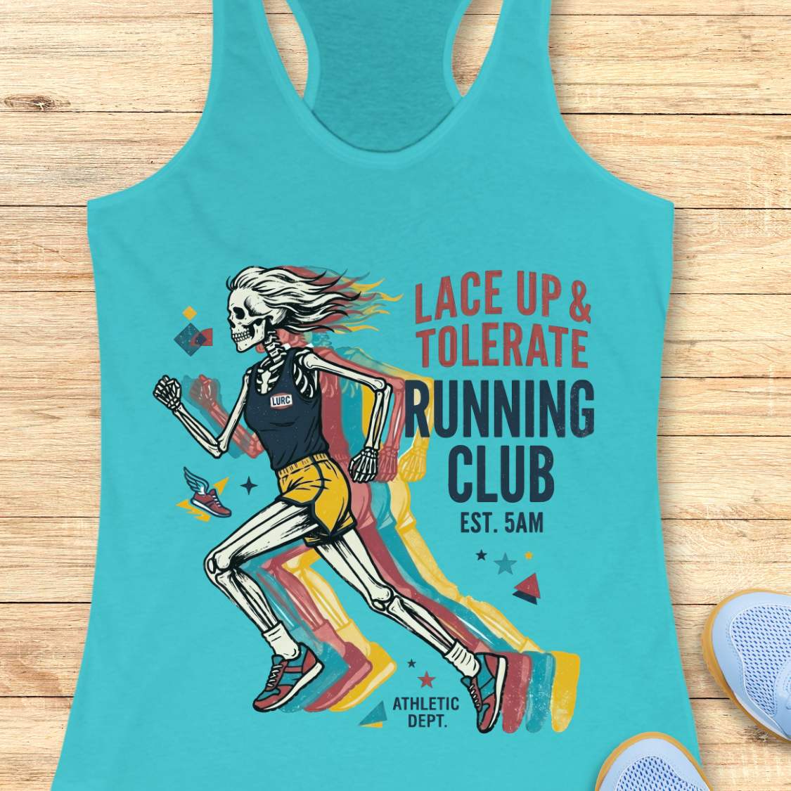 Turquoise tank top with skeleton design and text  Lace up & tolerate running club, on a wooden surface