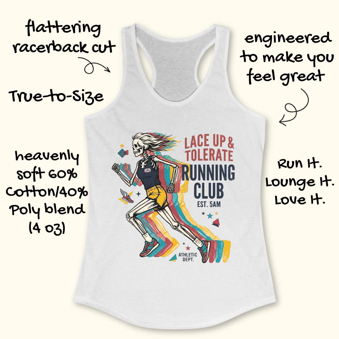 White tank top with skeleton running design and text  Lace up & tolerate running club, on a white background