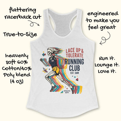 White tank top with skeleton running design and text  Lace up & tolerate running club, on a white background