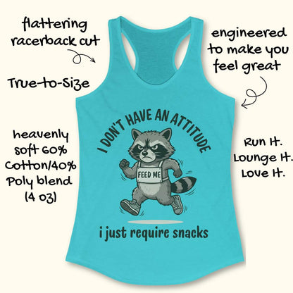 Blue tank top with raccoon graphic and text I don't have an attitude, I just require snacks, on a white background