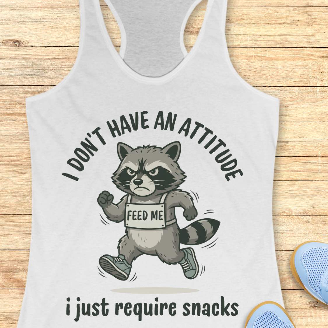 white tank top with a raccoon graphic and text on I don't have an attitude, I just require snacks, a wooden surface