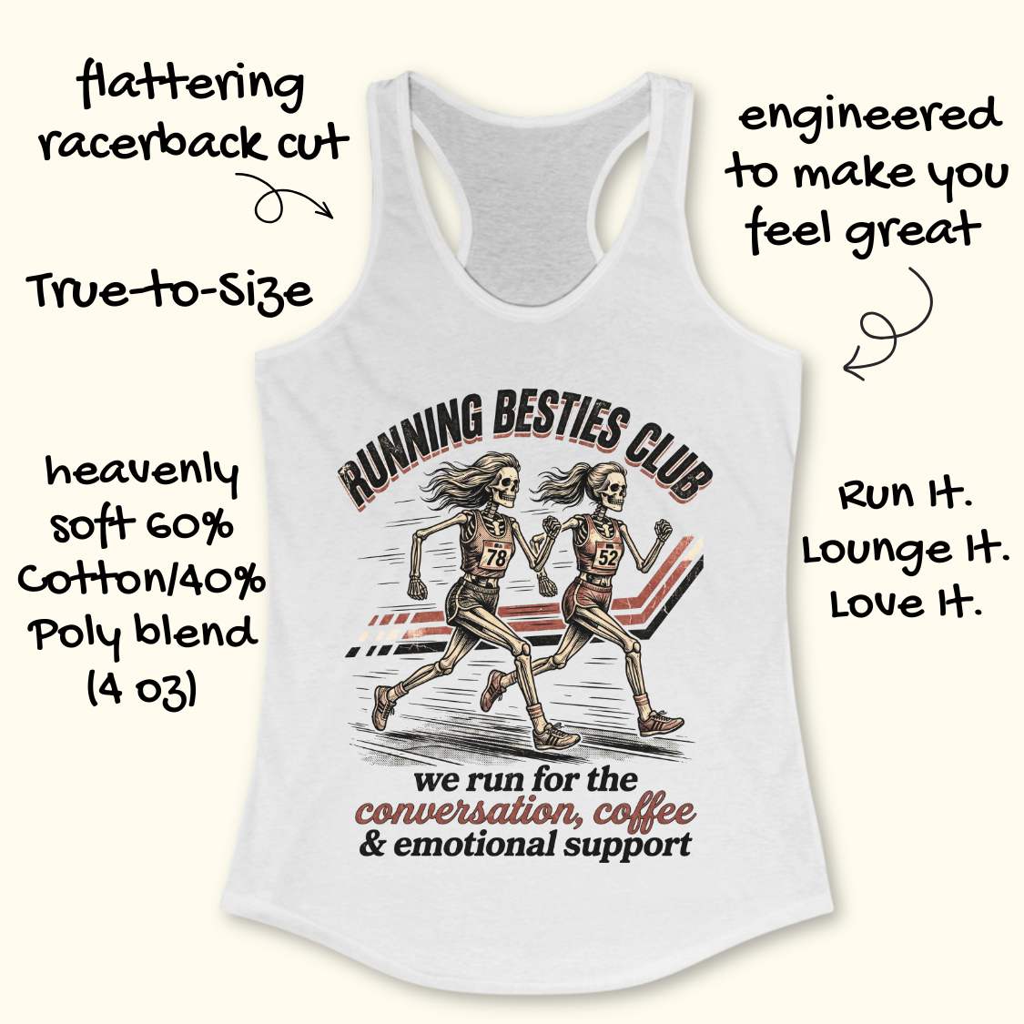 White tank top with skeleton runners and 'Running Besties Club' design on a white background