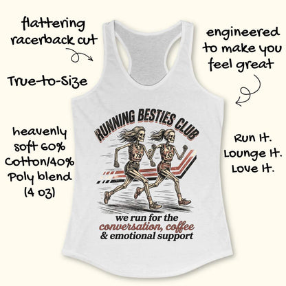 White tank top with skeleton runners and 'Running Besties Club' design on a white background