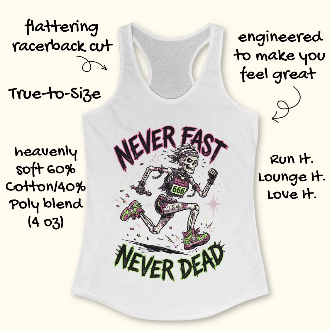 White tank top with skeleton design and text on a white background