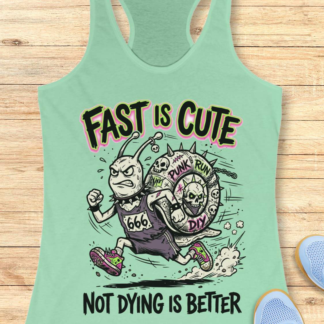 Mint green tank top with graphic design and text fast is cute not dying is better, on a wooden surface