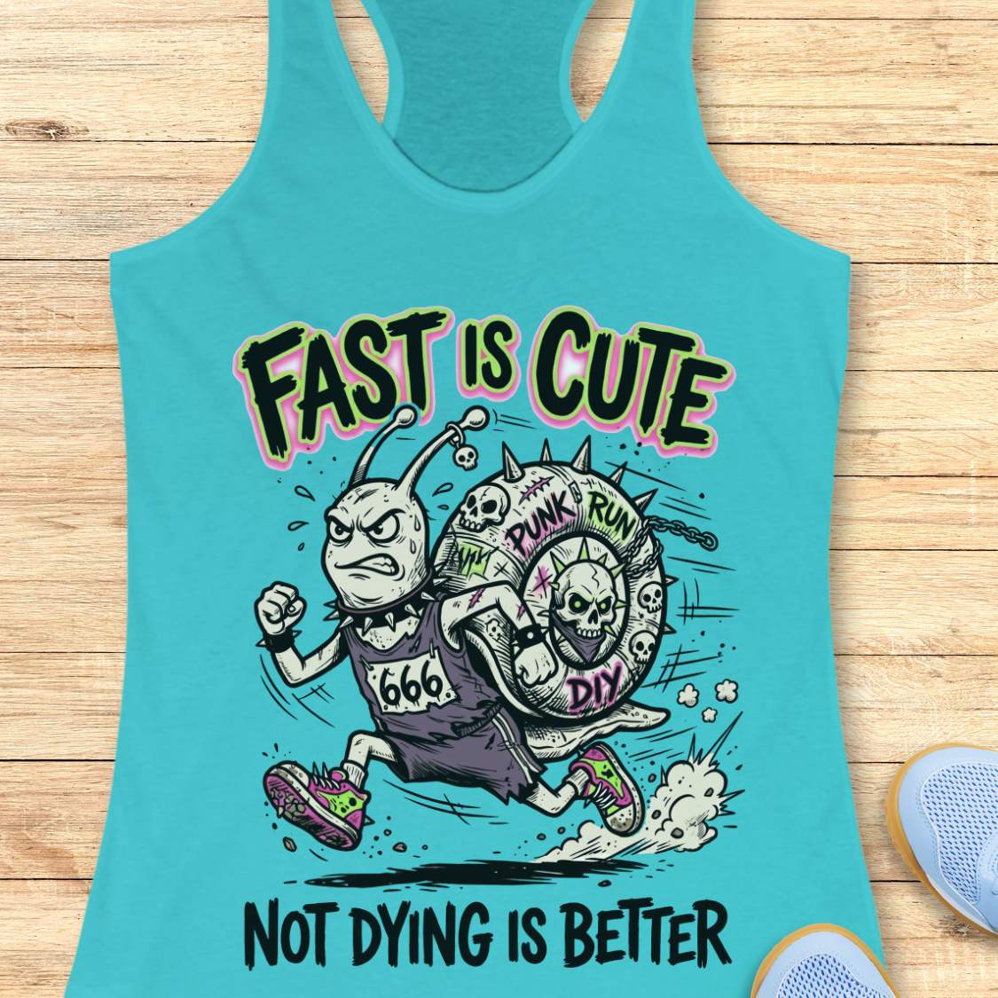 Turquoise tank top with cartoon character and text 'Fast is Cute, Not Dying is Better' on a wooden surface.
