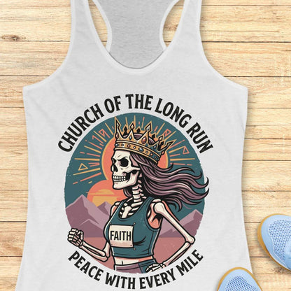 white Tank top with skeleton design and text Church of the long run, peace with every mile, on a wooden surface
