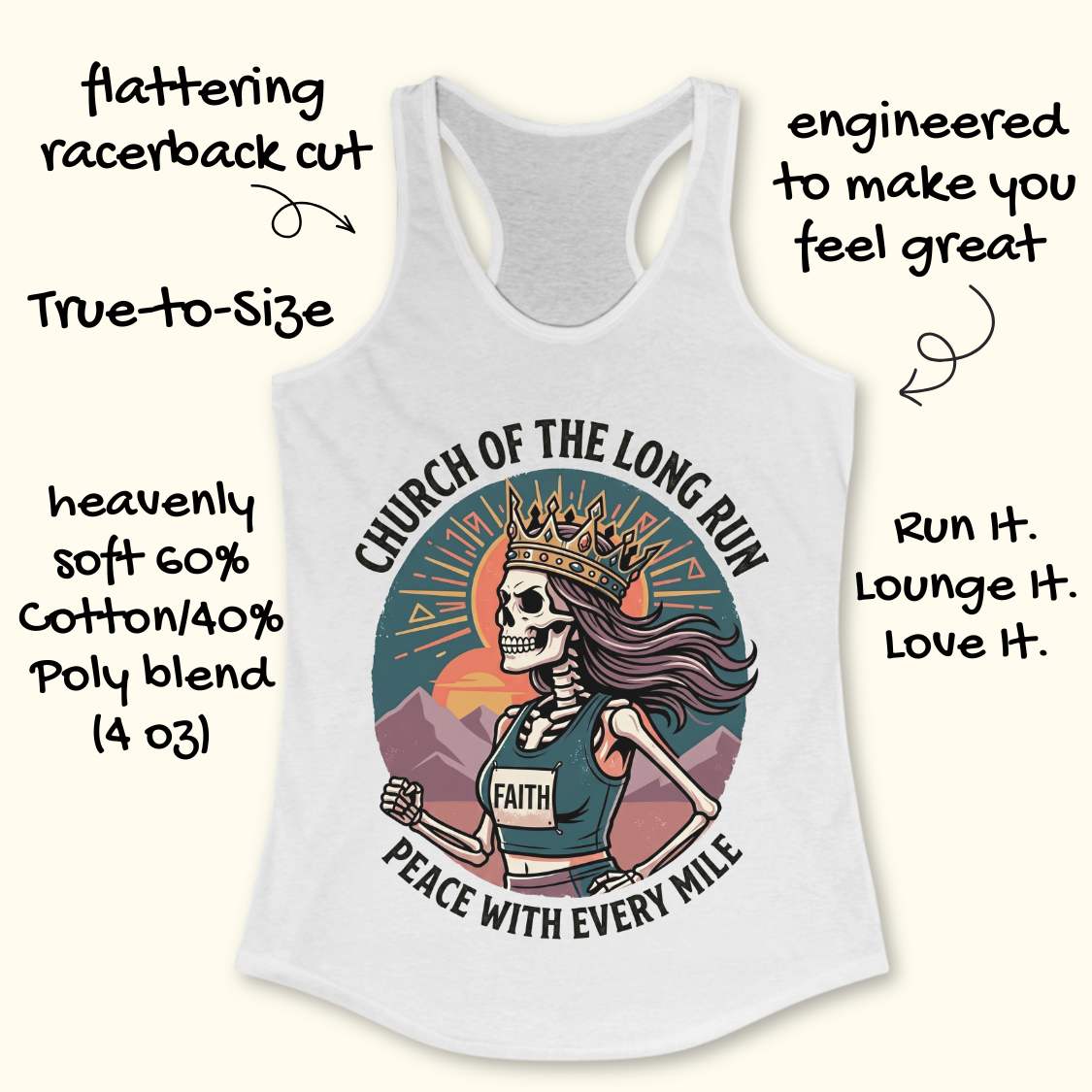 White tank top with a graphic design featuring a skeleton wearing a crown and 'Faith' shirt, with text Church of the long run, peace with every mile