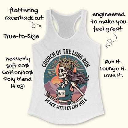 White tank top with a graphic design featuring a skeleton wearing a crown and 'Faith' shirt, with text Church of the long run, peace with every mile