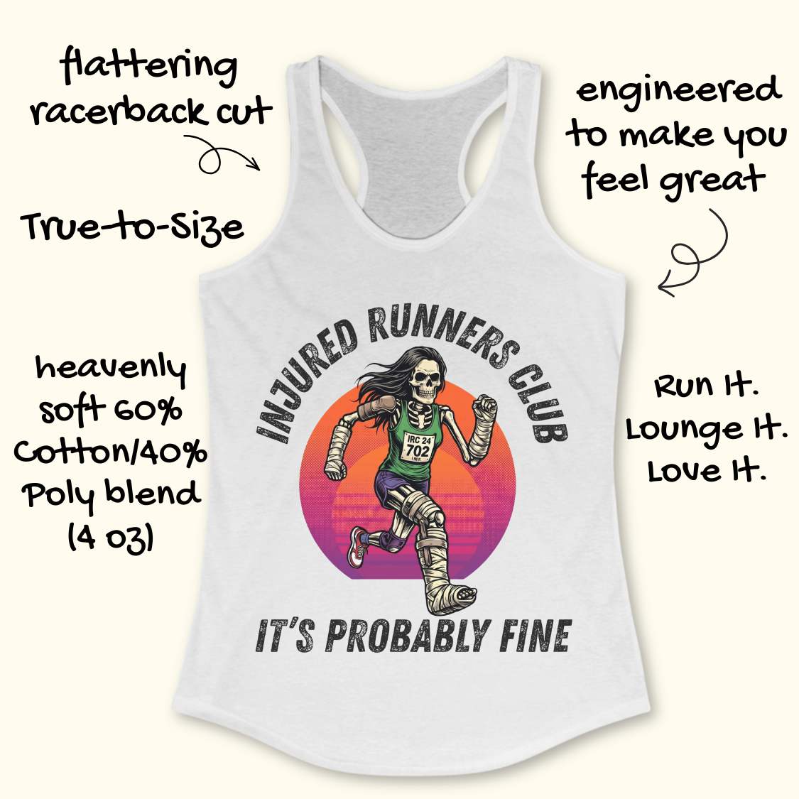 White tank top with skeleton runner graphic and text injured runners club, it's probably fine, on a white background