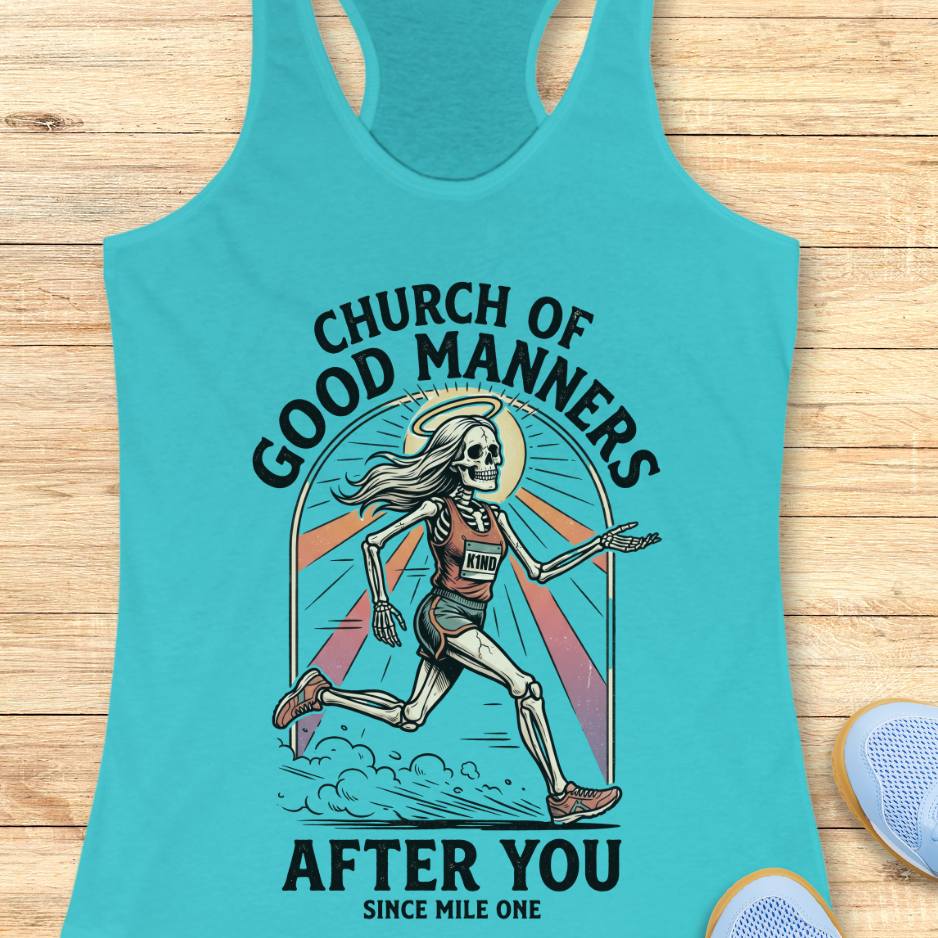 Turquoise  tank top with skeleton design and text 'Church of Good Manners After You Since Mile One' on a wooden surface.