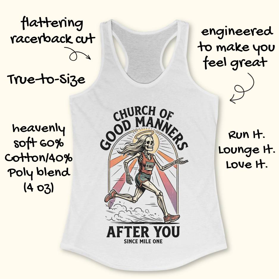 White tank top with skeleton design and text 'Church of Good Manners After You Since Mile One' on a white surface.